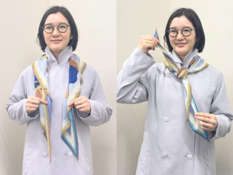 「コート襟のに挟み込み」、暗くなりがちなコート姿に彩りをプラス